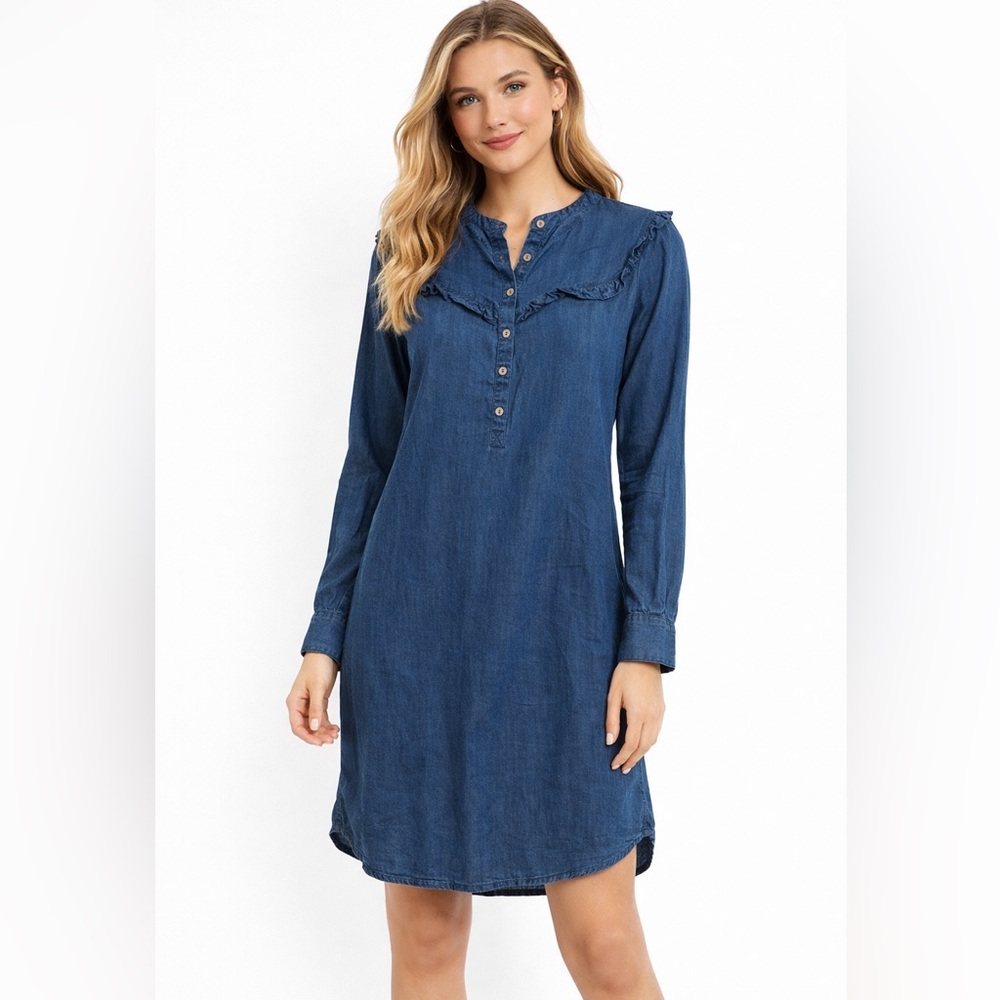 Old Navy Denim Dress Ruffle Collar Long Sleeve Casual Shirt Dress Small